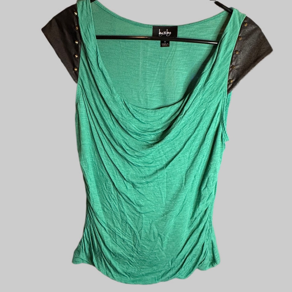 by & by Green Top Studded Faux Leather Sleeves Drape Front Womens‎ Size M